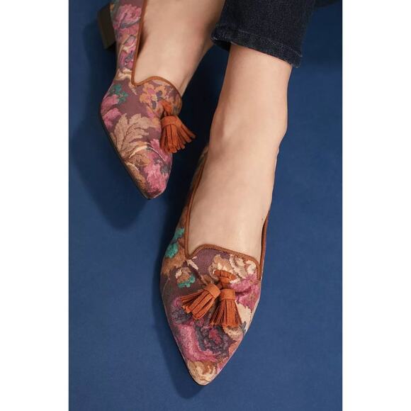 Anthropologie Bique Ballerinas | Velvet loafer pointed toe floral suede trim siz - Picture 12 of 13